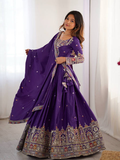 Wedding Wear Purple Color Natural Crepe Silk Thread With Sequence Work Lehenga Choli