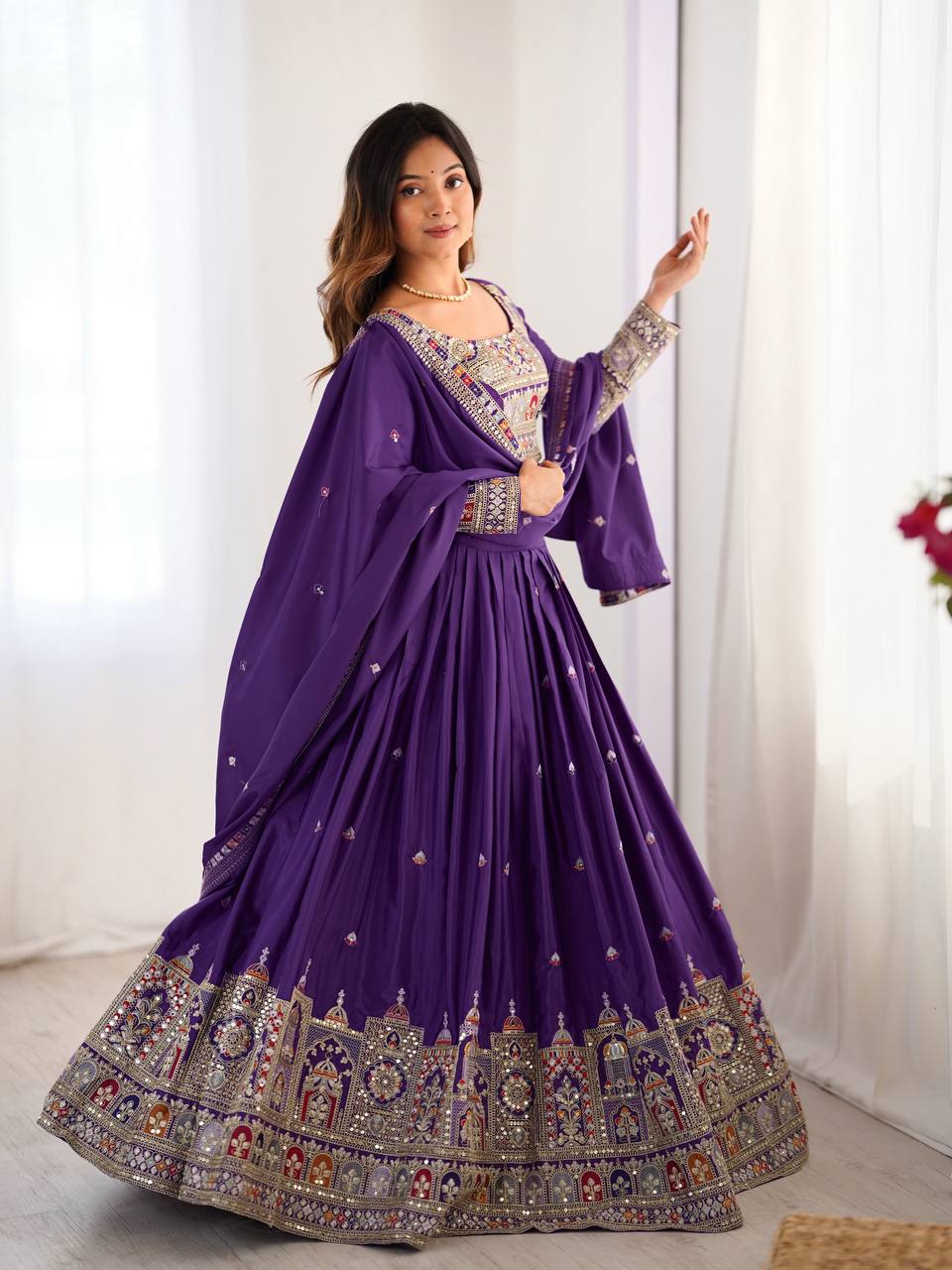 Wedding Wear Purple Color Natural Crepe Silk Thread With Sequence Work Lehenga Choli
