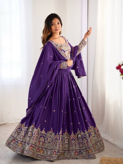 Wedding Wear Purple Color Natural Crepe Silk Thread With Sequence Work Lehenga Choli