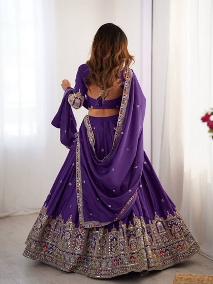Wedding Wear Purple Color Natural Crepe Silk Thread With Sequence Work Lehenga Choli