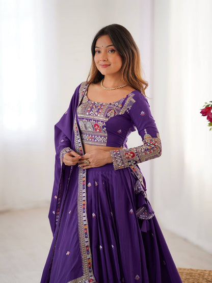 Wedding Wear Purple Color Natural Crepe Silk Thread With Sequence Work Lehenga Choli