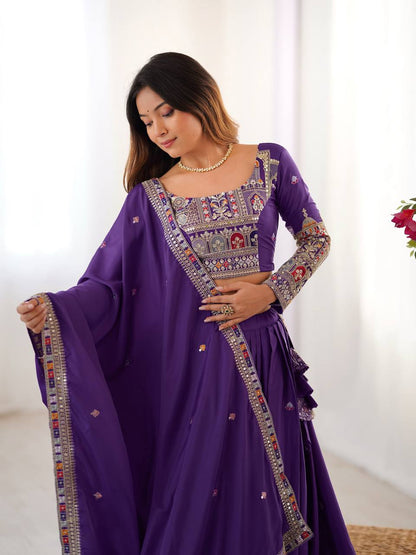 Wedding Wear Purple Color Natural Crepe Silk Thread With Sequence Work Lehenga Choli