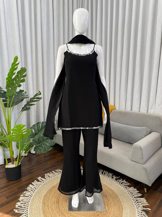 Stylish Black Color Georgette Mirror Work Co-Ord Set