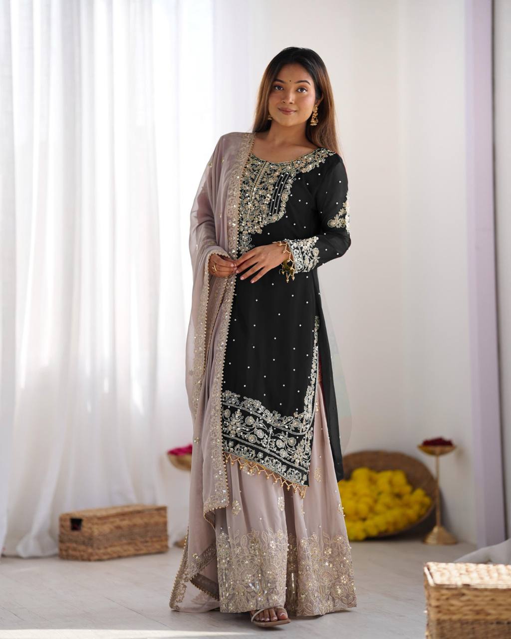 Traditional Wear BlackColor Heavy Faux Georgette With Heavy Embroidery Work Palazzo Suit