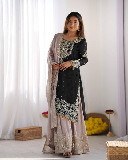 Traditional Wear BlackColor Heavy Faux Georgette With Heavy Embroidery Work Palazzo Suit