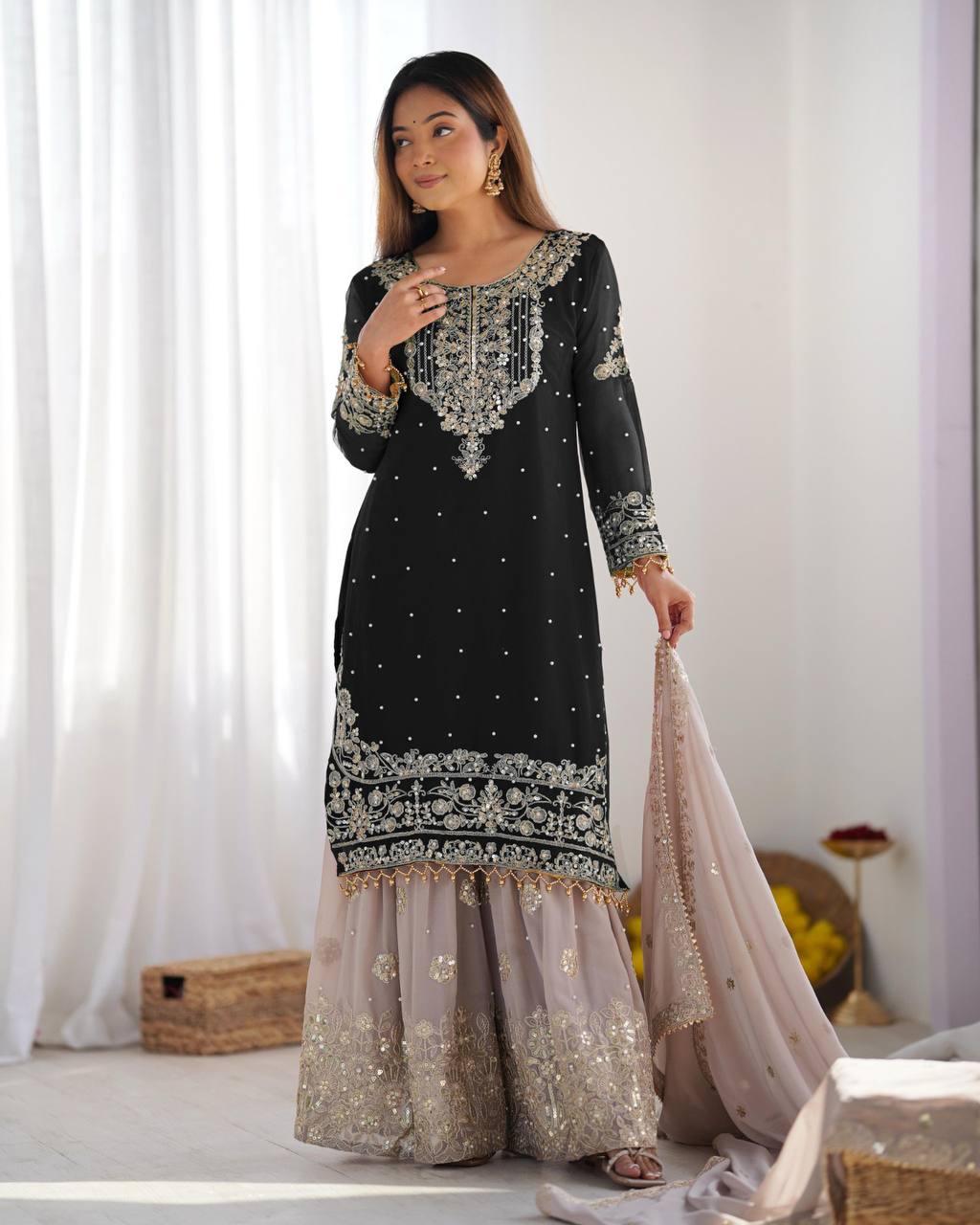 Traditional Wear BlackColor Heavy Faux Georgette With Heavy Embroidery Work Palazzo Suit