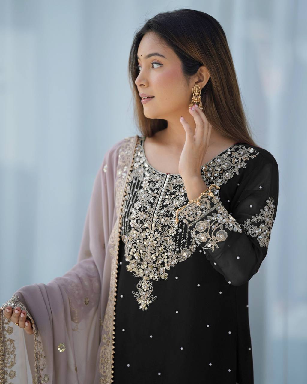 Traditional Wear BlackColor Heavy Faux Georgette With Heavy Embroidery Work Palazzo Suit