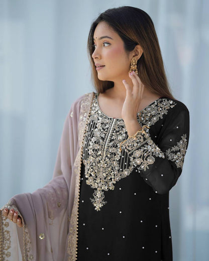 Traditional Wear BlackColor Heavy Faux Georgette With Heavy Embroidery Work Palazzo Suit