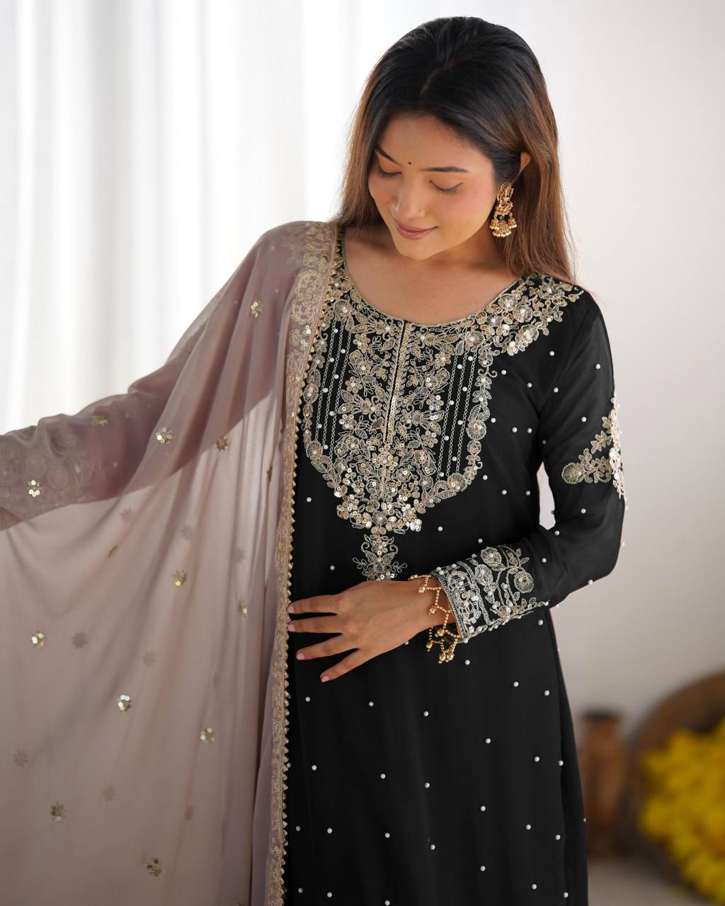 Traditional Wear BlackColor Heavy Faux Georgette With Heavy Embroidery Work Palazzo Suit