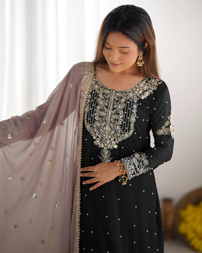 Traditional Wear BlackColor Heavy Faux Georgette With Heavy Embroidery Work Palazzo Suit