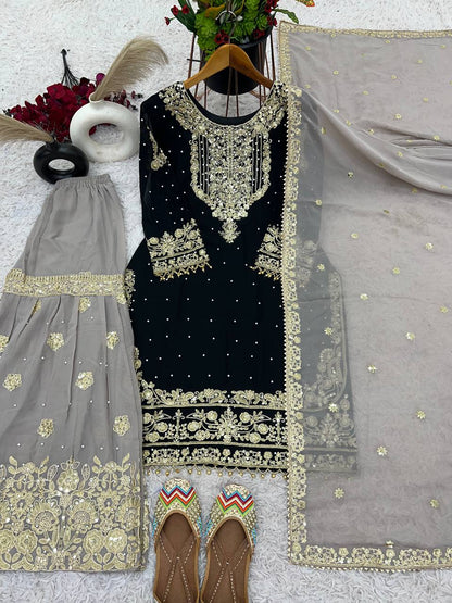 Traditional Wear BlackColor Heavy Faux Georgette With Heavy Embroidery Work Palazzo Suit