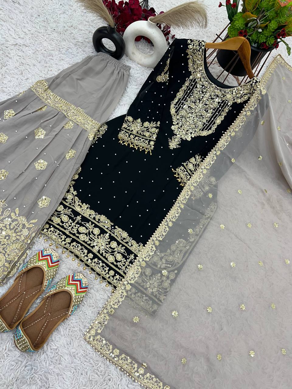 Traditional Wear BlackColor Heavy Faux Georgette With Heavy Embroidery Work Palazzo Suit