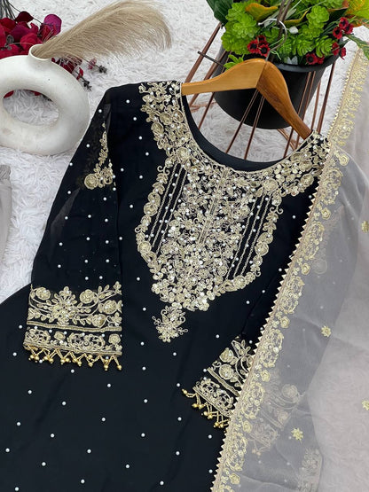 Traditional Wear BlackColor Heavy Faux Georgette With Heavy Embroidery Work Palazzo Suit