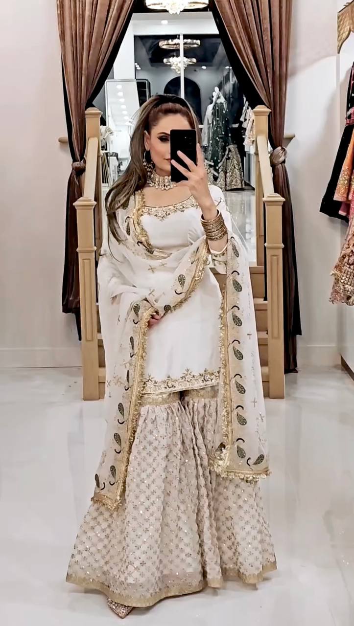 Party Wear Off White Color Faux Georgette With Embroidery Sequence Work Sharara Suit