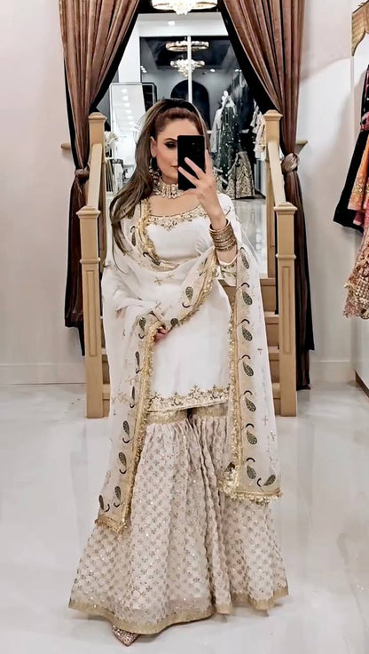 Party Wear Off White Color Faux Georgette With Embroidery Sequence Work Sharara Suit