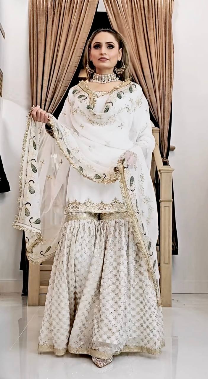 Party Wear Off White Color Faux Georgette With Embroidery Sequence Work Sharara Suit