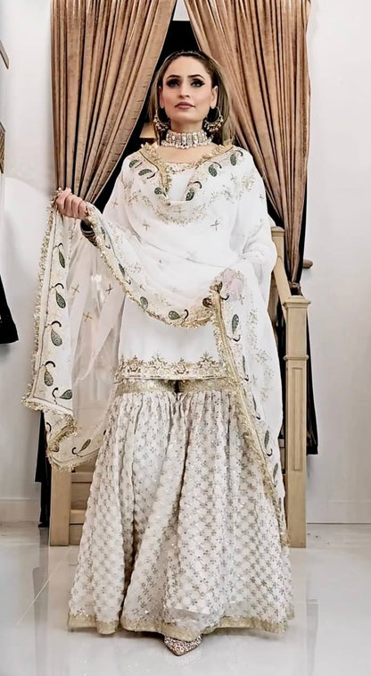Party Wear Off White Color Faux Georgette With Embroidery Sequence Work Sharara Suit
