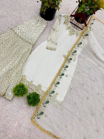 Party Wear Off White Color Faux Georgette With Embroidery Sequence Work Sharara Suit