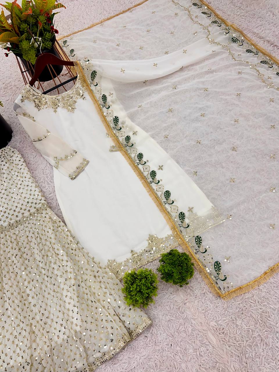 Party Wear Off White Color Faux Georgette With Embroidery Sequence Work Sharara Suit