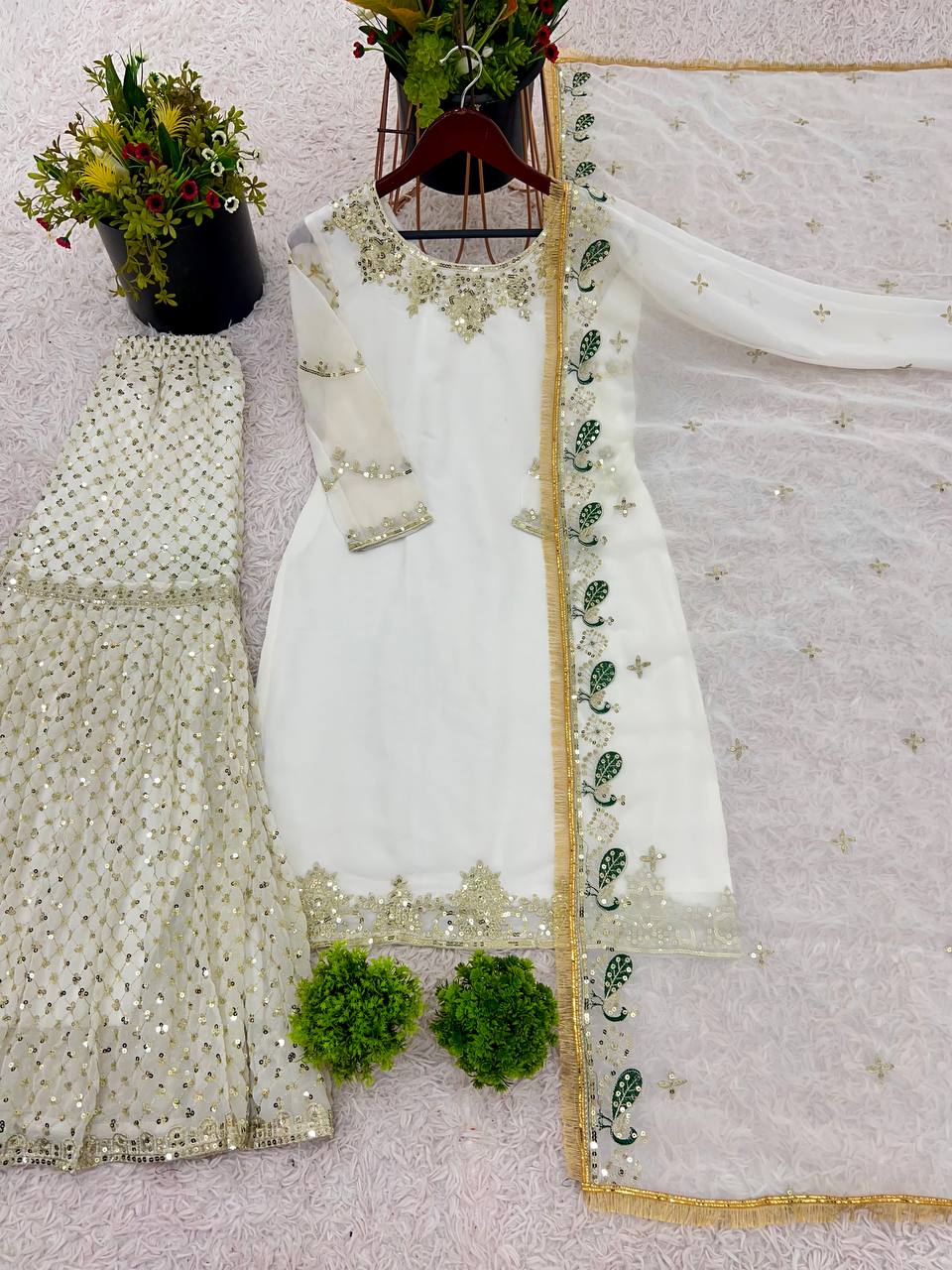 Party Wear Off White Color Faux Georgette With Embroidery Sequence Work Sharara Suit