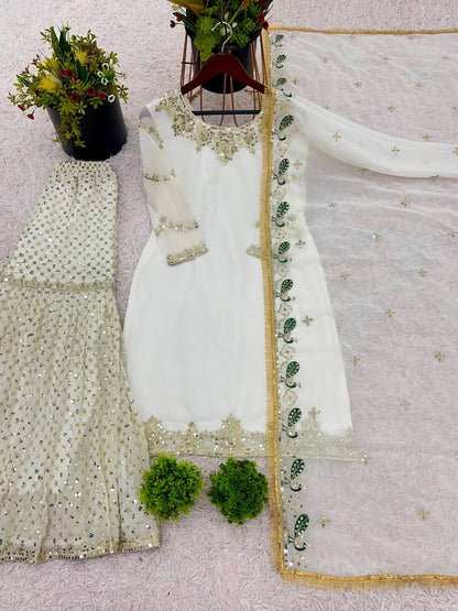 Party Wear Off White Color Faux Georgette With Embroidery Sequence Work Sharara Suit