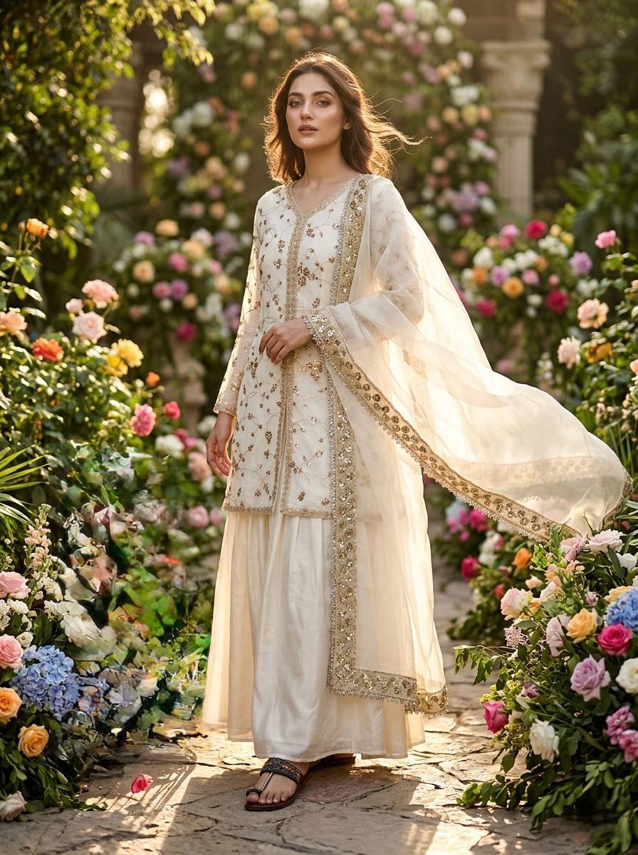 White Color Fendi Silk Embroidered Palazzo Suit Set