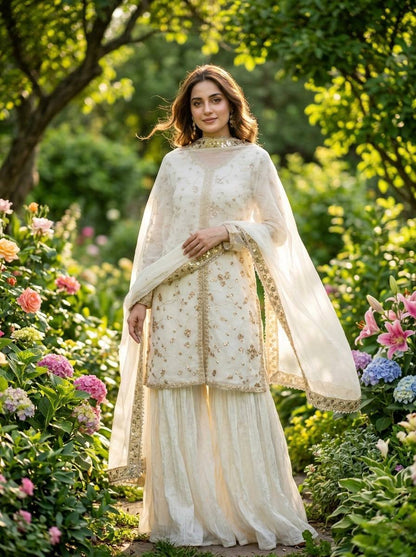 White Color Fendi Silk Embroidered Palazzo Suit Set