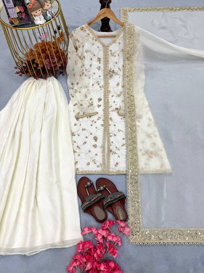 White Color Fendi Silk Embroidered Palazzo Suit Set