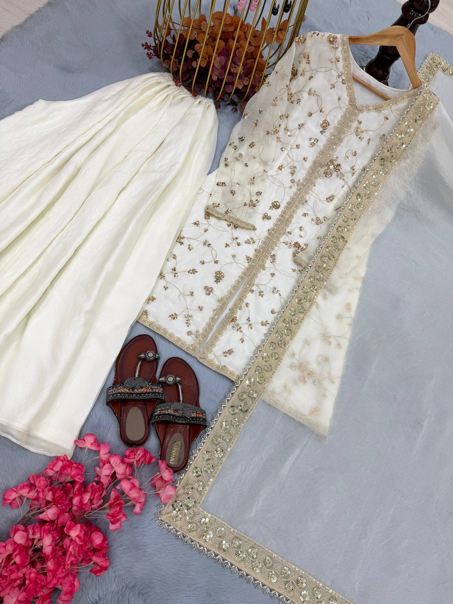 White Color Fendi Silk Embroidered Palazzo Suit Set