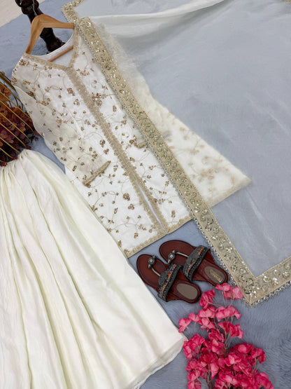 White Color Fendi Silk Embroidered Palazzo Suit Set