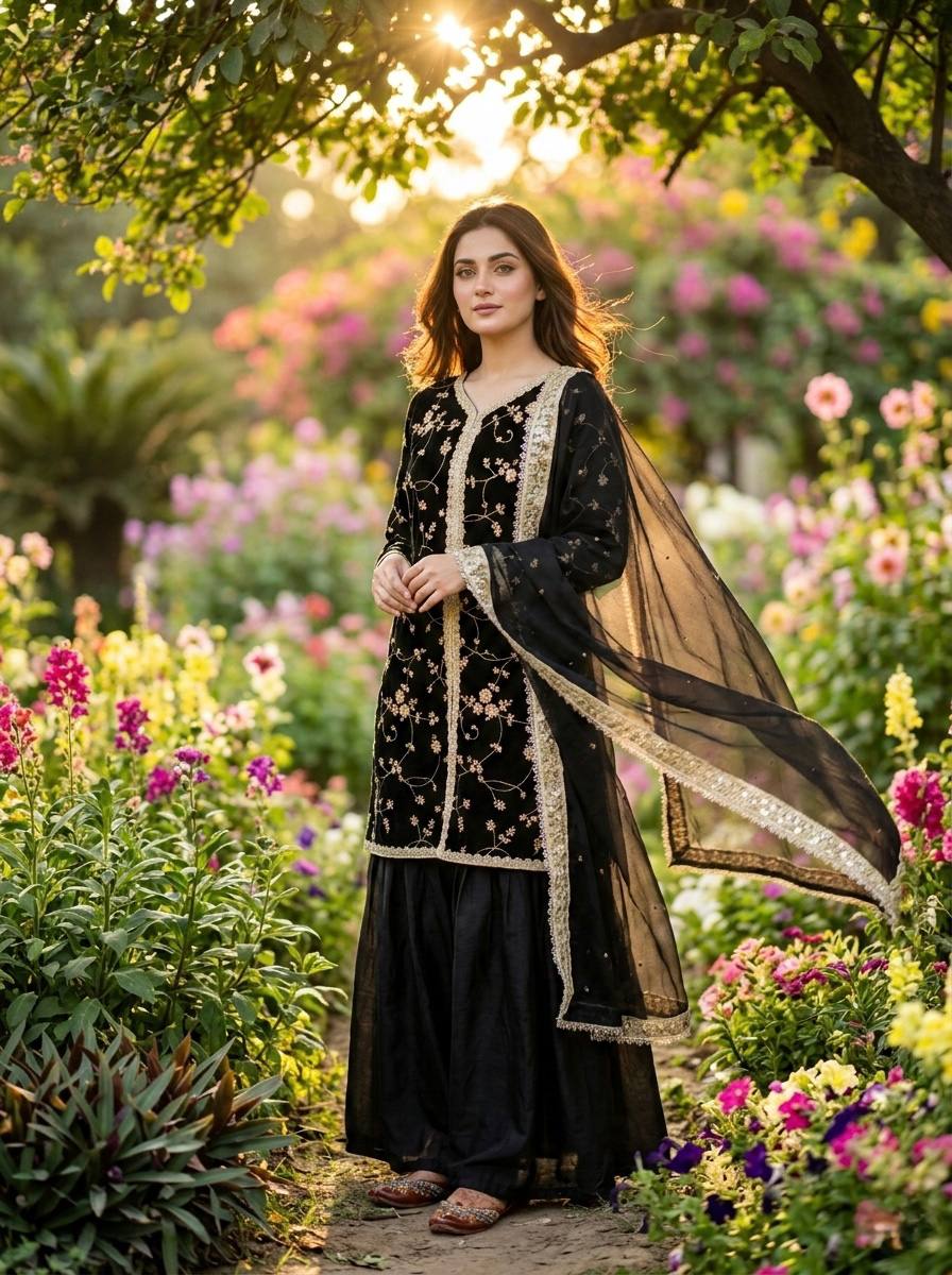 Black Color Fendi Silk Embroidered Palazzo Suit Set