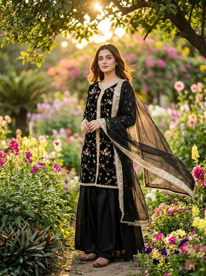 Black Color Fendi Silk Embroidered Palazzo Suit Set