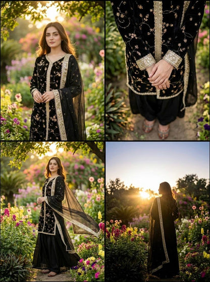 Black Color Fendi Silk Embroidered Palazzo Suit Set