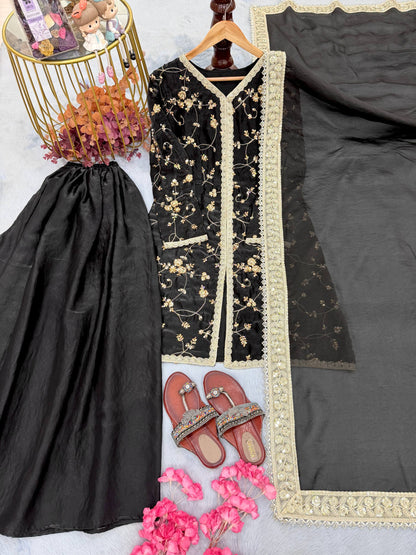 Black Color Fendi Silk Embroidered Palazzo Suit Set