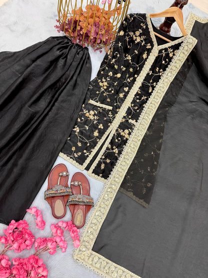 Black Color Fendi Silk Embroidered Palazzo Suit Set