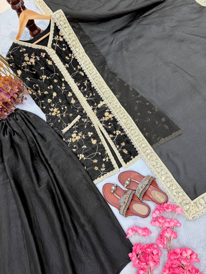 Black Color Fendi Silk Embroidered Palazzo Suit Set