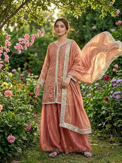 Dusty Peach Color Fendi Silk Embroidered Palazzo Suit Set
