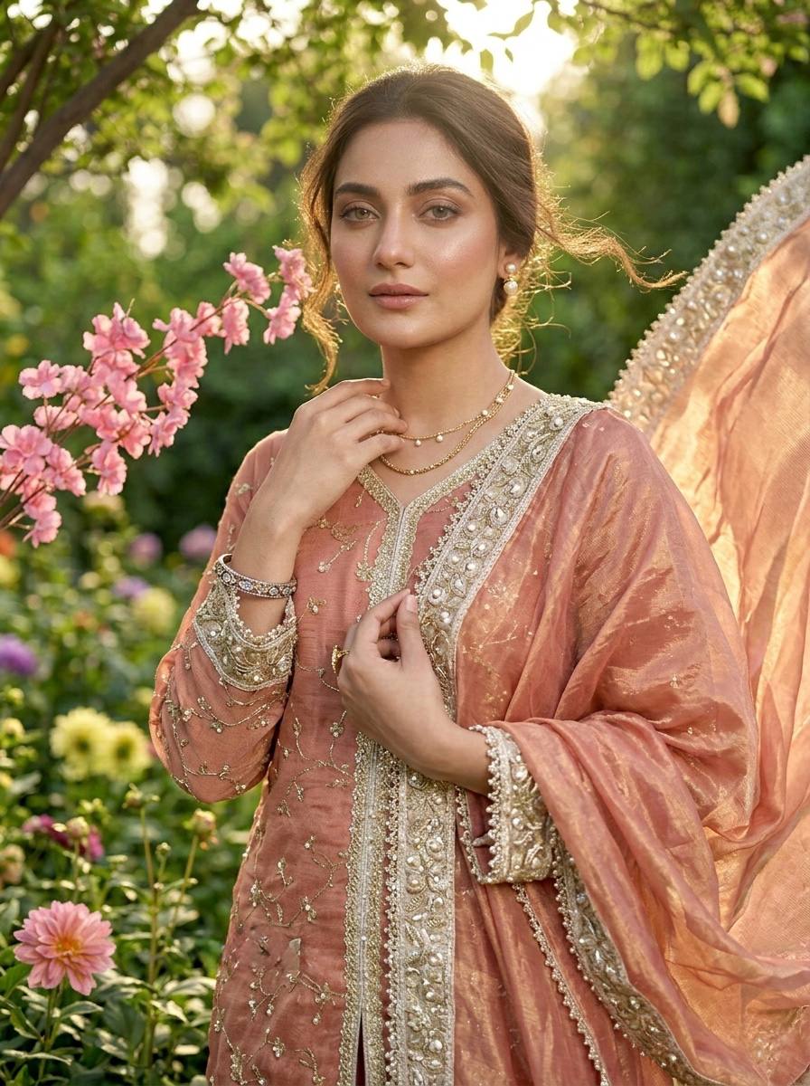 Dusty Peach Color Fendi Silk Embroidered Palazzo Suit Set