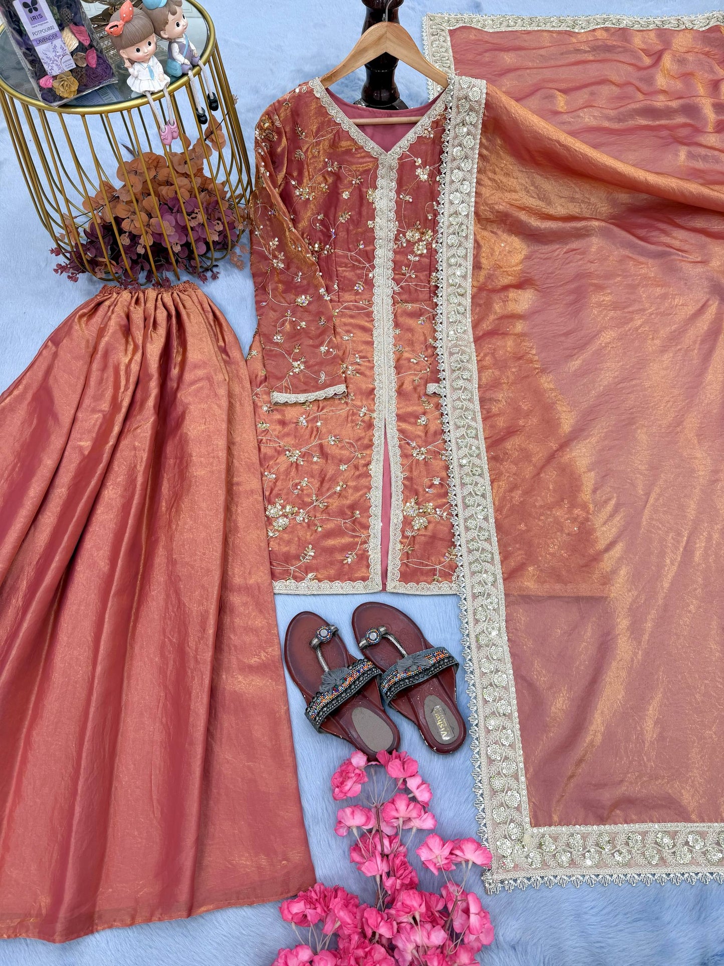 Dusty Peach Color Fendi Silk Embroidered Palazzo Suit Set