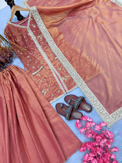 Dusty Peach Color Fendi Silk Embroidered Palazzo Suit Set