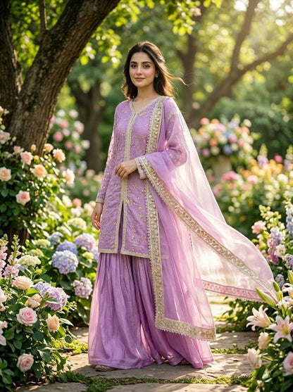 Lavender Color Fendi Silk Embroidered Palazzo Suit Set