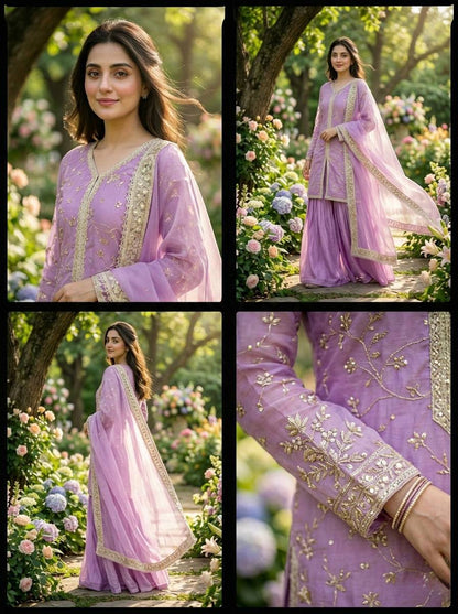 Lavender Color Fendi Silk Embroidered Palazzo Suit Set