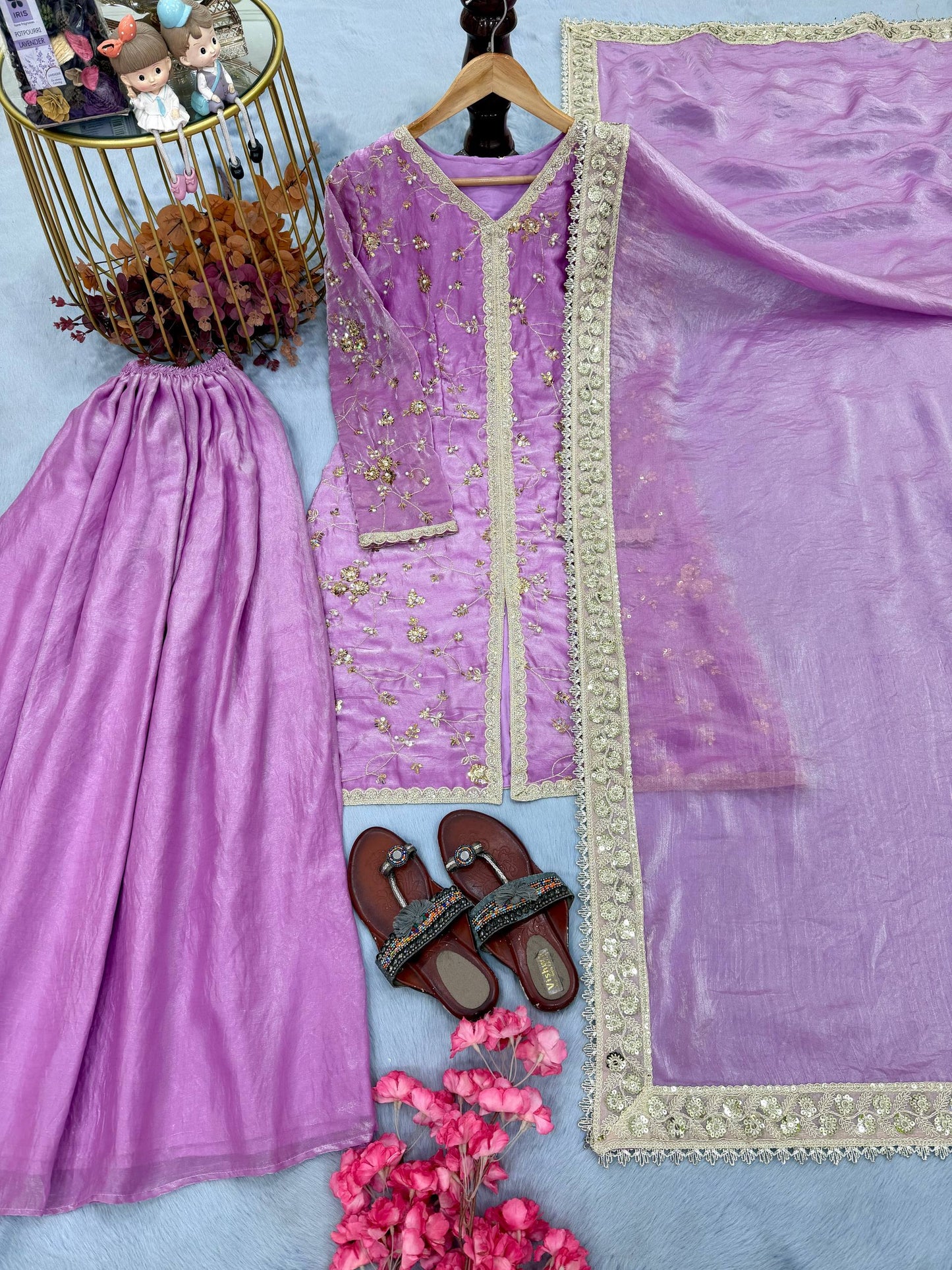 Lavender Color Fendi Silk Embroidered Palazzo Suit Set