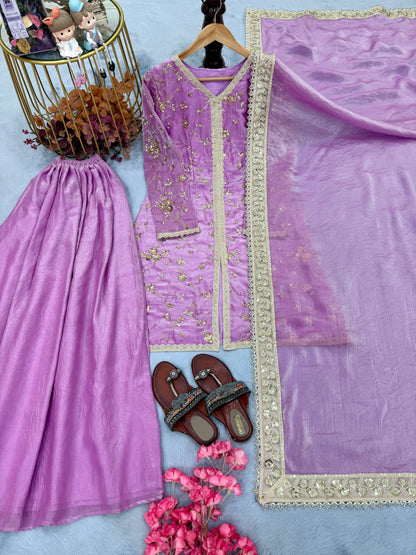 Lavender Color Fendi Silk Embroidered Palazzo Suit Set