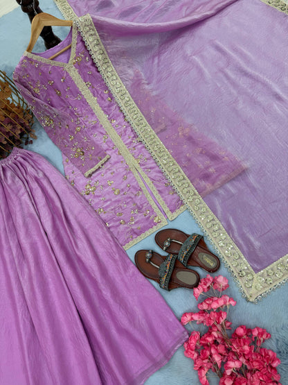 Lavender Color Fendi Silk Embroidered Palazzo Suit Set