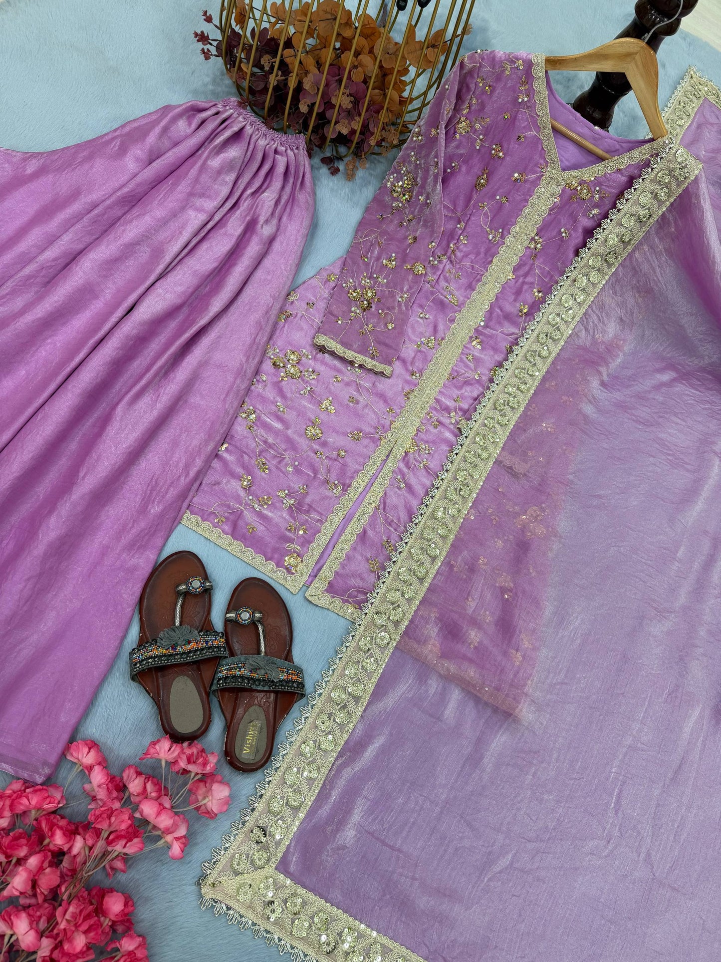 Lavender Color Fendi Silk Embroidered Palazzo Suit Set