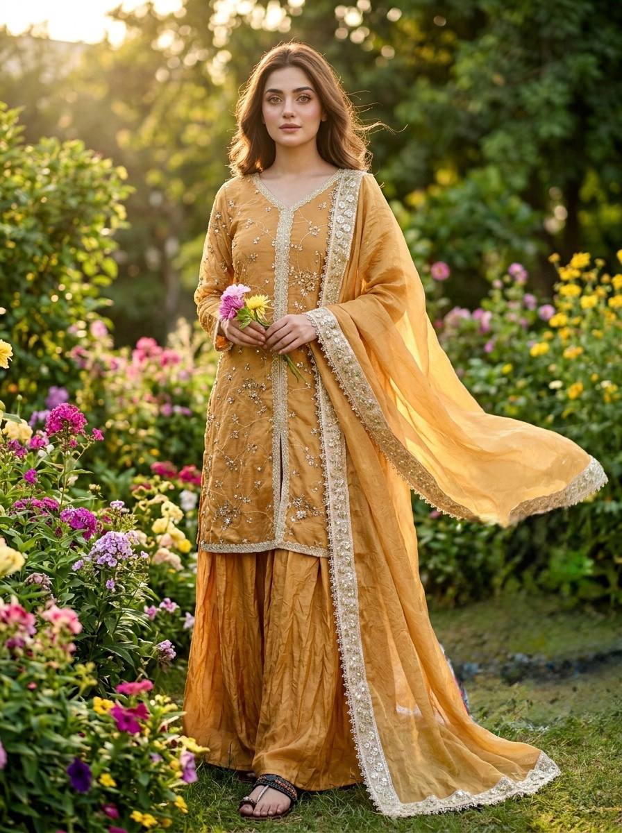 Haldi Wear Yellow Color Fendi Silk Embroidered Palazzo Suit Set