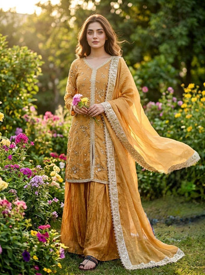 Haldi Wear Yellow Color Fendi Silk Embroidered Palazzo Suit Set