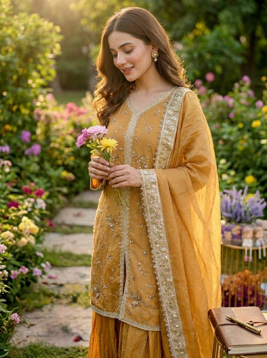 Haldi Wear Yellow Color Fendi Silk Embroidered Palazzo Suit Set