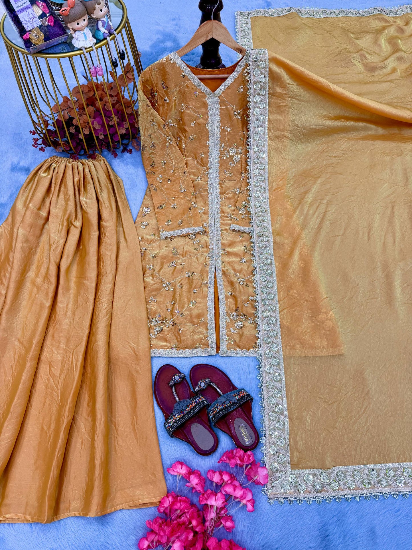 Haldi Wear Yellow Color Fendi Silk Embroidered Palazzo Suit Set